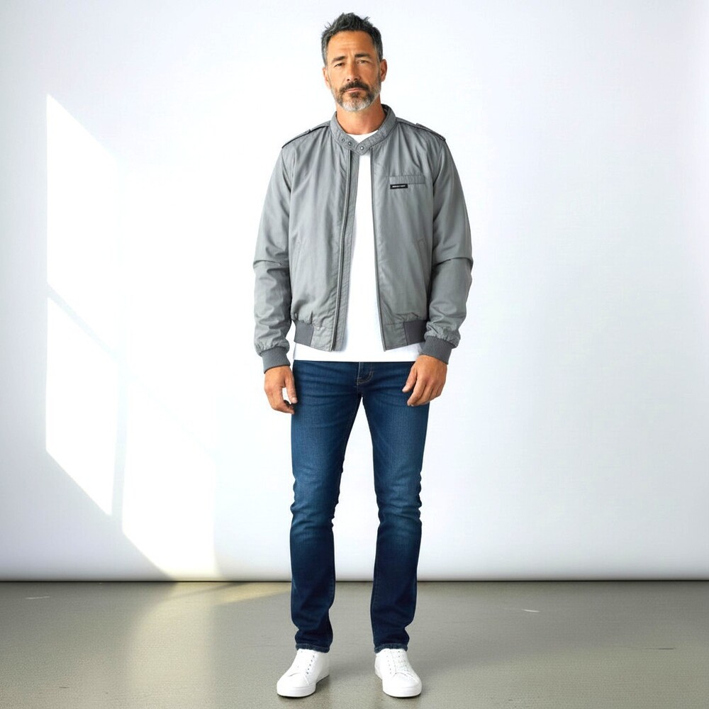 Members Only Men Bomber Jacket 42 Gray Zip Lined Insulated Elastic Waist Rainbow